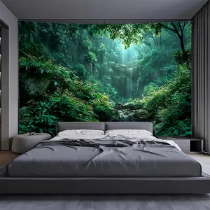 1pc Extra Large Jungle Tapestry - Lush Green Rainforest Wall Hanging with Waterfall & Tropical Foliage, Self-Adhesive Nature-Themed Wallpaper Alternative for Living Room, Bedroom, Dorm Decor - Easy Peel & Stick Installation, No Electricity Needed, Ideal H