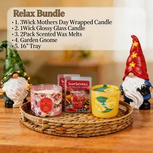 Relax Bundle: Garden Gnomes & 16" Tray & 3-Wick Mothers Day Candles & 1-Wick Glossy Glass Candles & 2Pack Wax Melts Decor Fruit Goose Scented Ornaments Decoration Perfume Aroma Watermelon