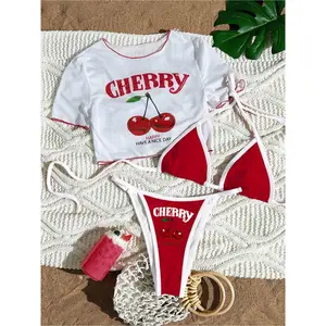 Women's 2026 Limited Edition 3-Pieces Polyester Tankini Swimsuit Set - Halter Neck Top, High-Cut Briefs, Cherry Motif & Letter Print, Aeropostale Zuki Swimwear