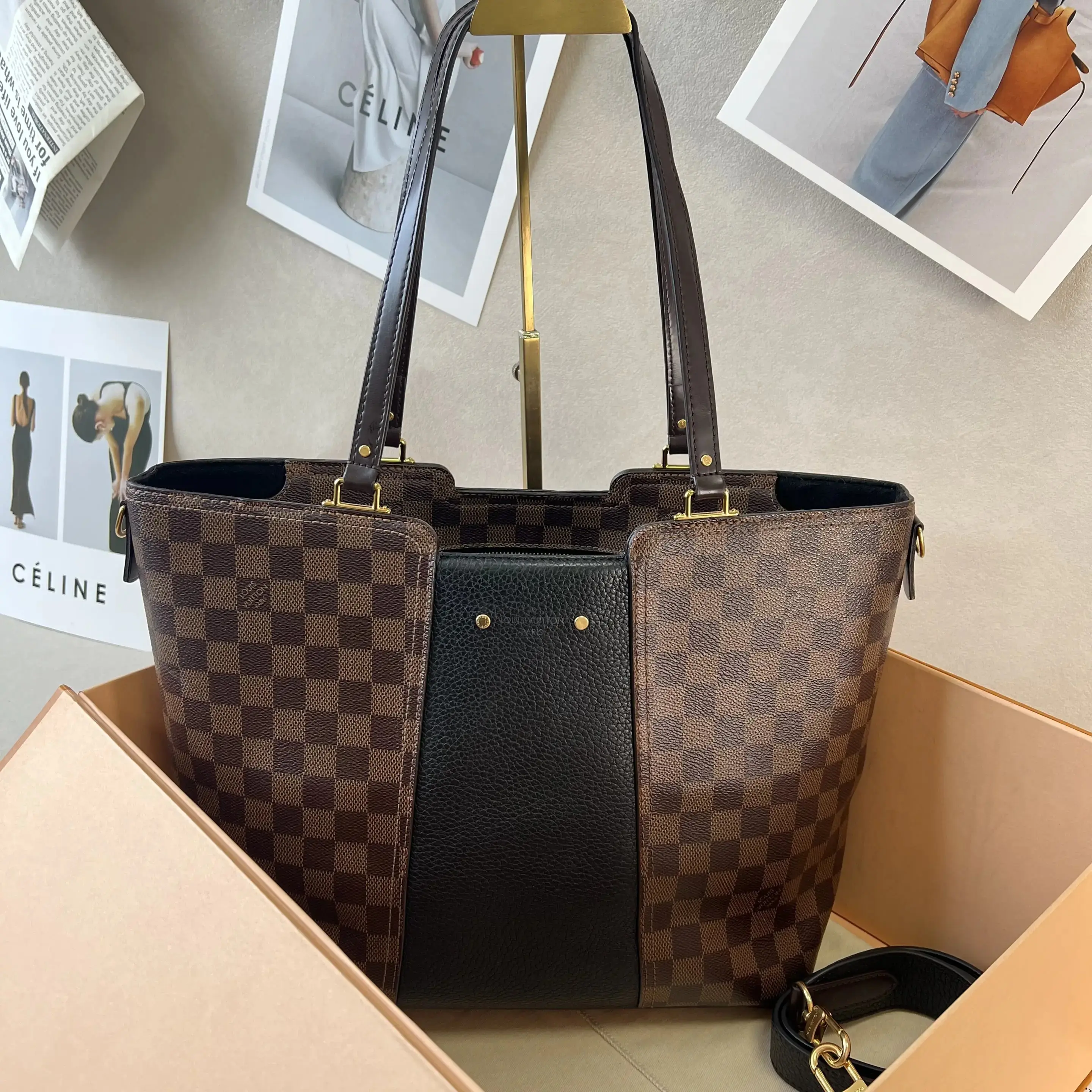 Pre-owned Louis Vuitton LV Shoulder Bag Brown Checkered with Black Accents Coated Canvas Crossbody Bag, 31.5 x 28 x 14 Dimensions, 0808Re/C8357879833, Crossbody Bags