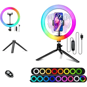 10" Selfie Ring Light with 4" Desktop Tripod Stand & 1 Phone Holder, LED Ringlight with Dimmable Modes(RGB) for Makeup/Photography/Videos/Vlog/ (STDLR10-V2)