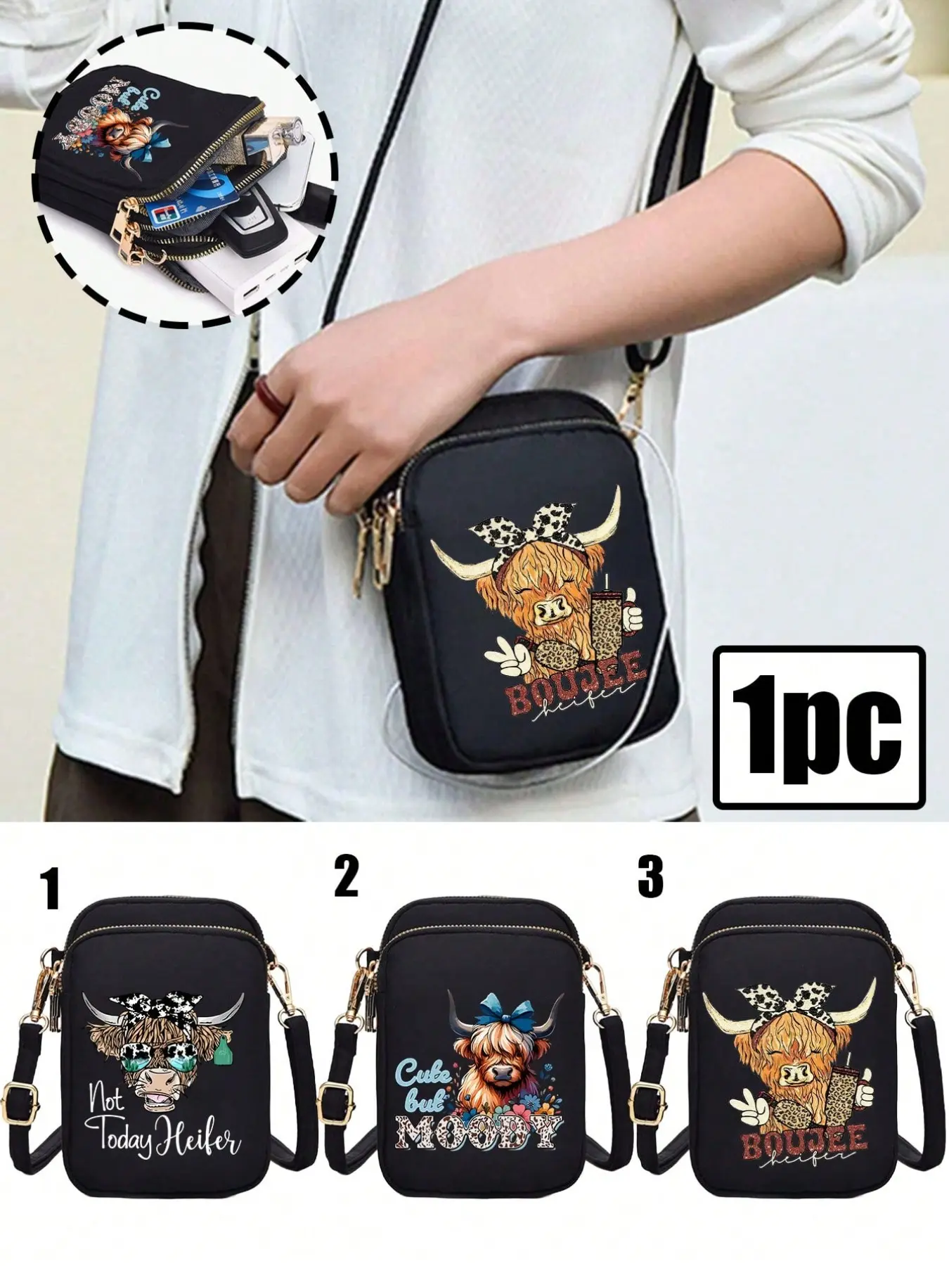 A charming Highland cow-themed black casual fashion mini crossbody bag, can hold a phone, cloth bag, vertical coin purse, women's crossbody phone bag, small shoulder bag, coin wallet, wallet