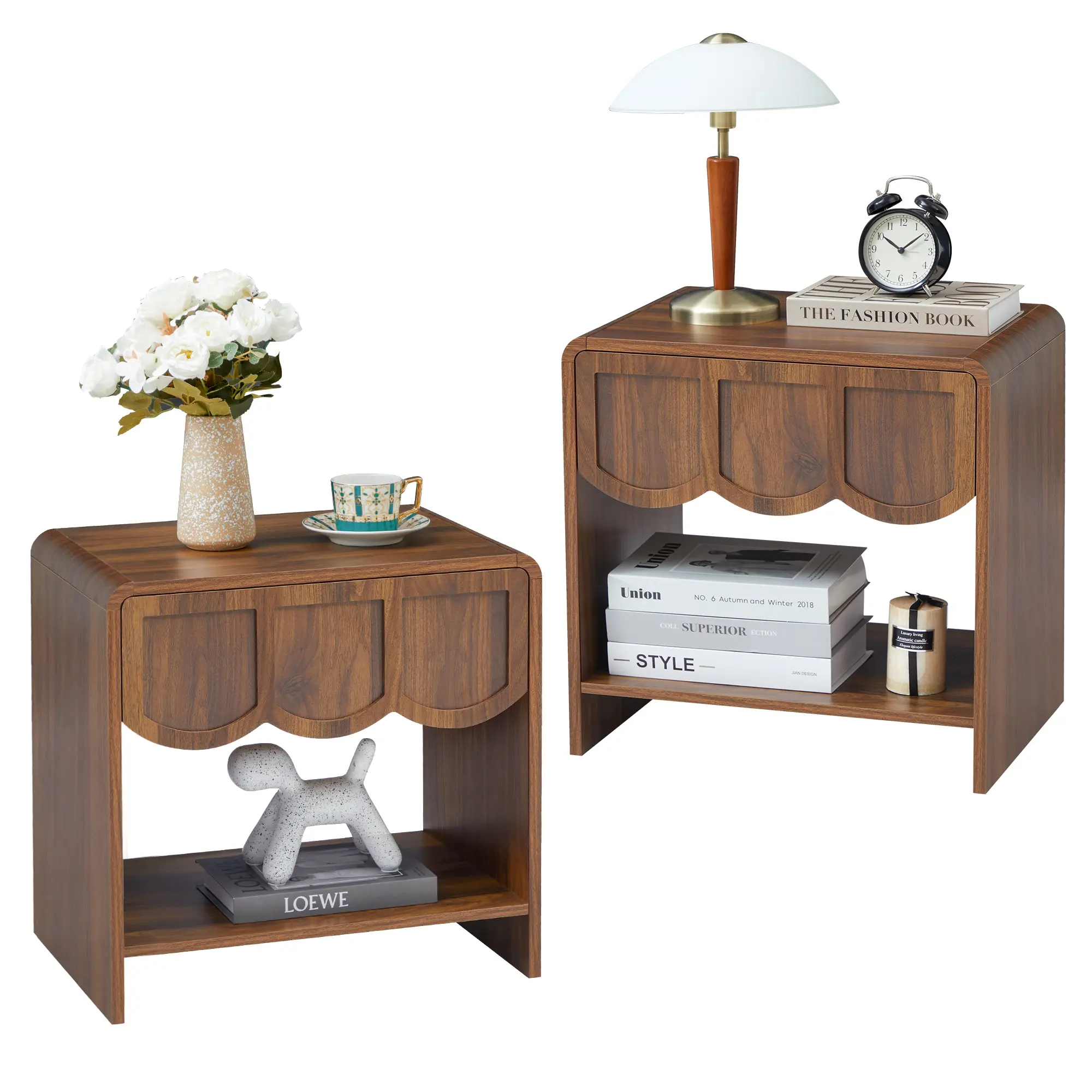 Giratree Nightstand Set of 2, Mid Century Modern Wood Bedside Tables with Wave Panel Drawer, Small End Tables for Bedroom, Living Room and Small Spaces