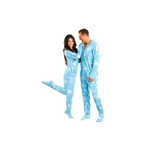 Blue Frosty Snowflakes Adult Footed Onesie Pajamas