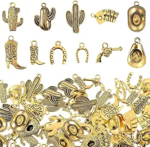 100 Grams Western Cowboy Charms, Antique Gold Alloy Mixed Bulk Silver Cowboy Boot Hat Pendants for Jewelry Making Necklace Earrings Bracelet Keychain Jewelry Making DIY Craft Findings