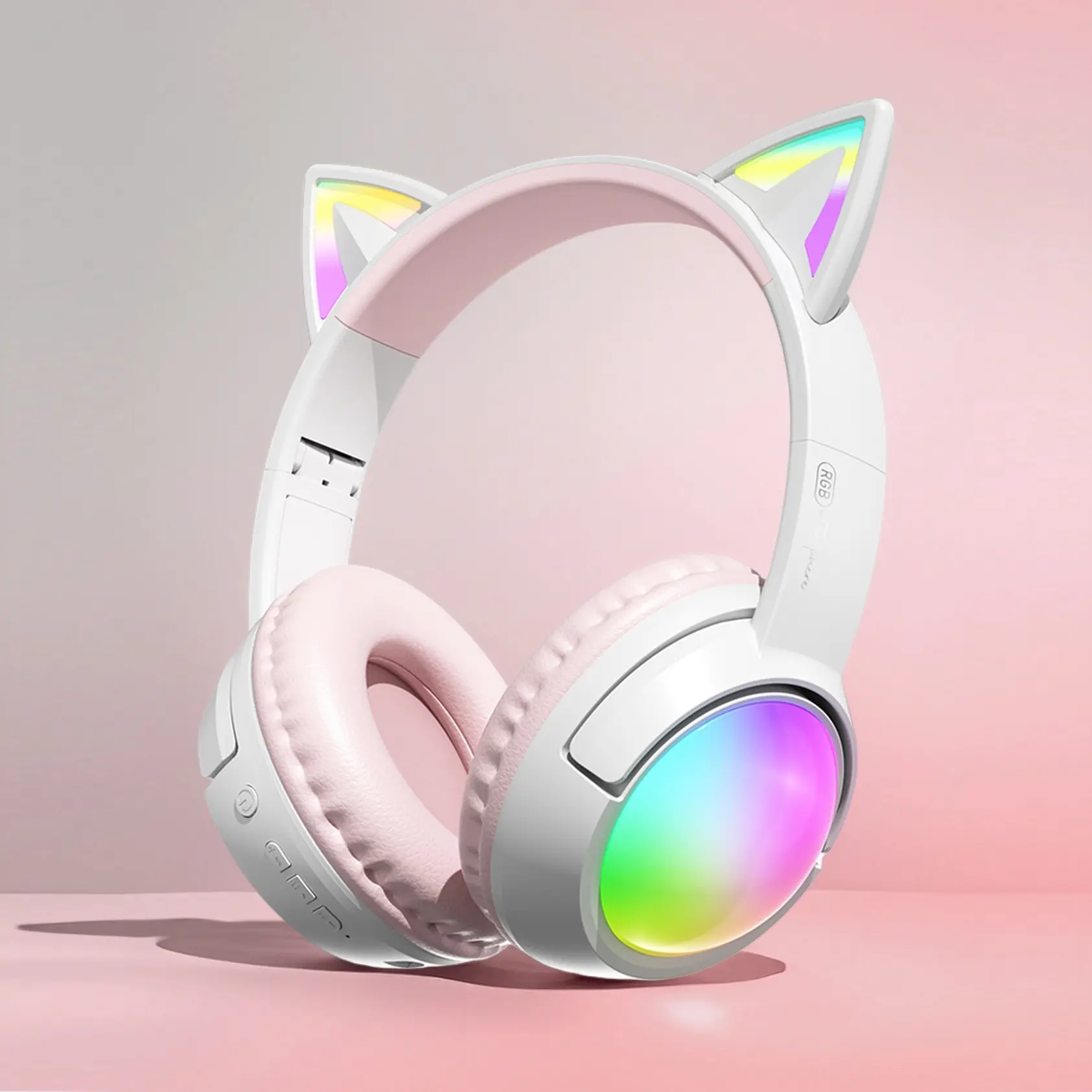 Cute RGB Cat-Ear Bluetooth Over-Ear Headphones with Foldable Retractable Structure, Ultra Soft Comfort Ear Pads & ENC Noise Cancelling Mic, Specially Designed for Kids and Teens, Suitable for Gaming, Remote Learning, Road Trips & Everyday Music Time