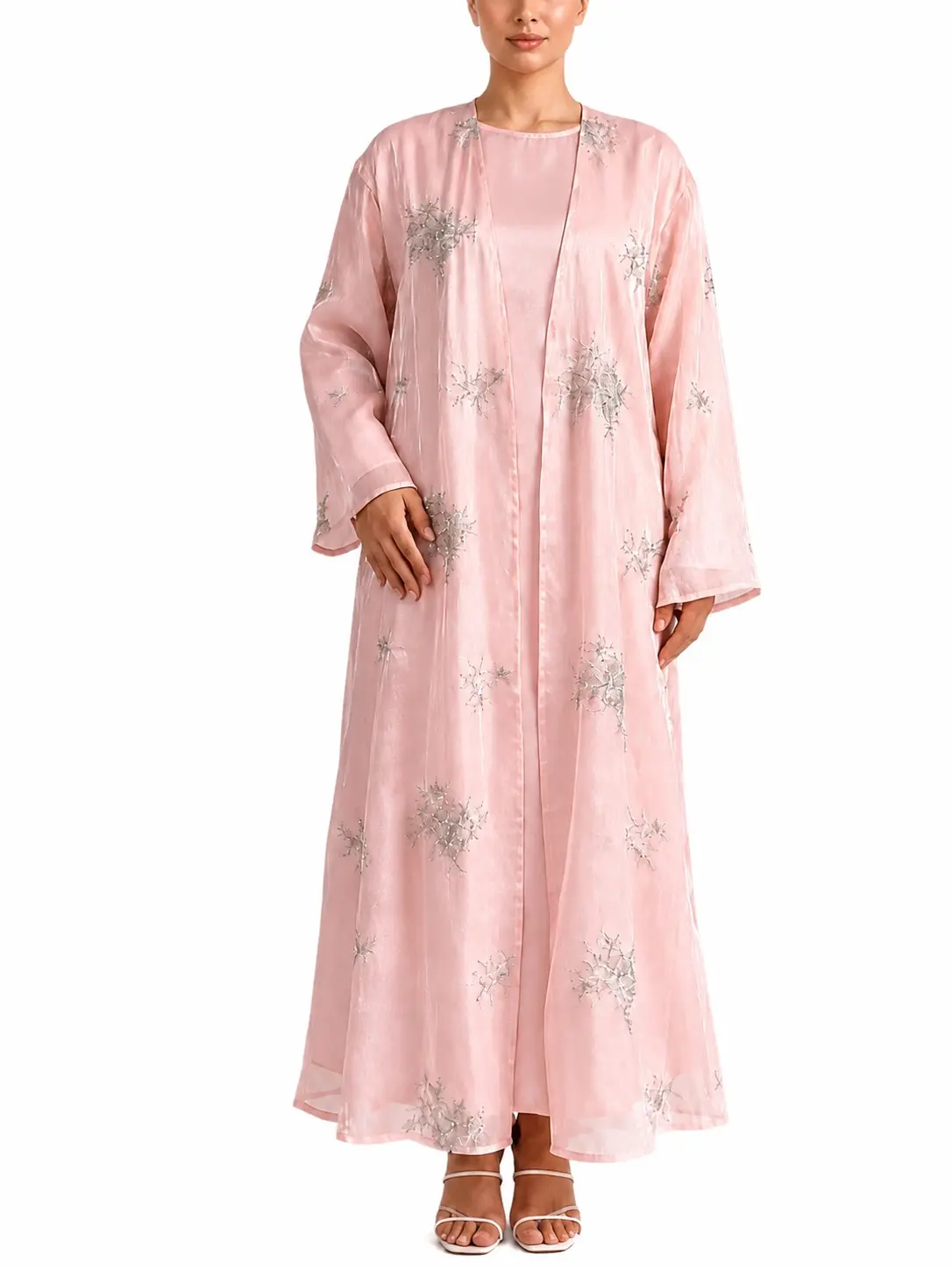Women's Beige Shimmer Organza Open Front Abaya Hand Beaded Sequin Maxi Cardigan