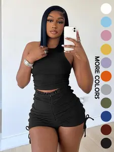Women's Solid Color Zipper Ruched Shorts Two-piece Set, Casual Sleeveless Round Neck Crop Tank Top & Drawstring Side Shorts Set, Ladies Summer Clothes, Womenswear