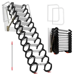 Wall-Mounted Attic Ladder, 12 Steps Retractable Stairs with Handrails, Max Load 1100 LBS, 118 Inch Height, Black