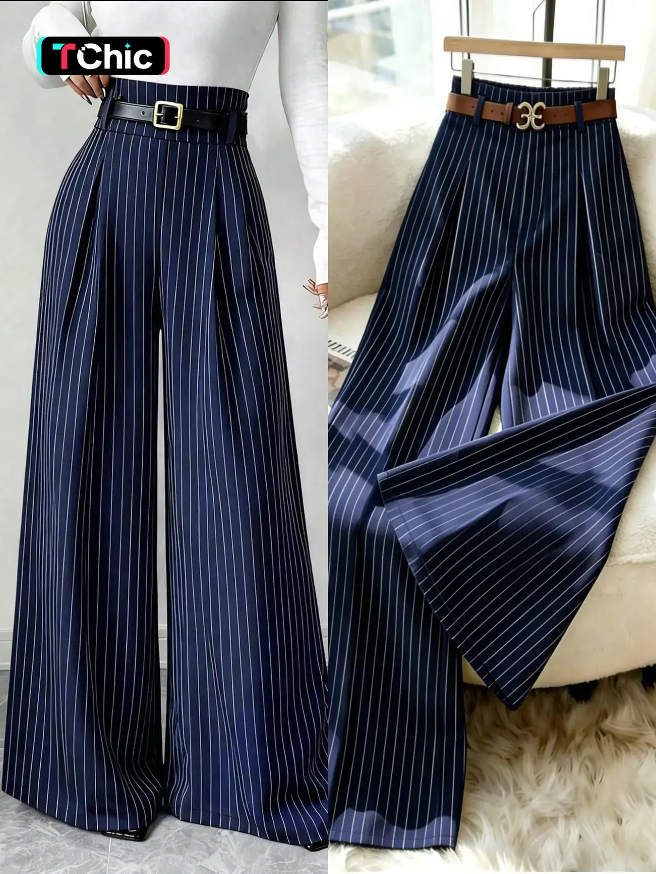 Women's New Navy Striped Suit Pants, High Waist Elegant Fashion, Elastic Waist Straight Leg Loose Wide Leg Pants, Casual Daily Commute, Casual Summer Bottoms, Classy Casual Trousers, All Season Trousers