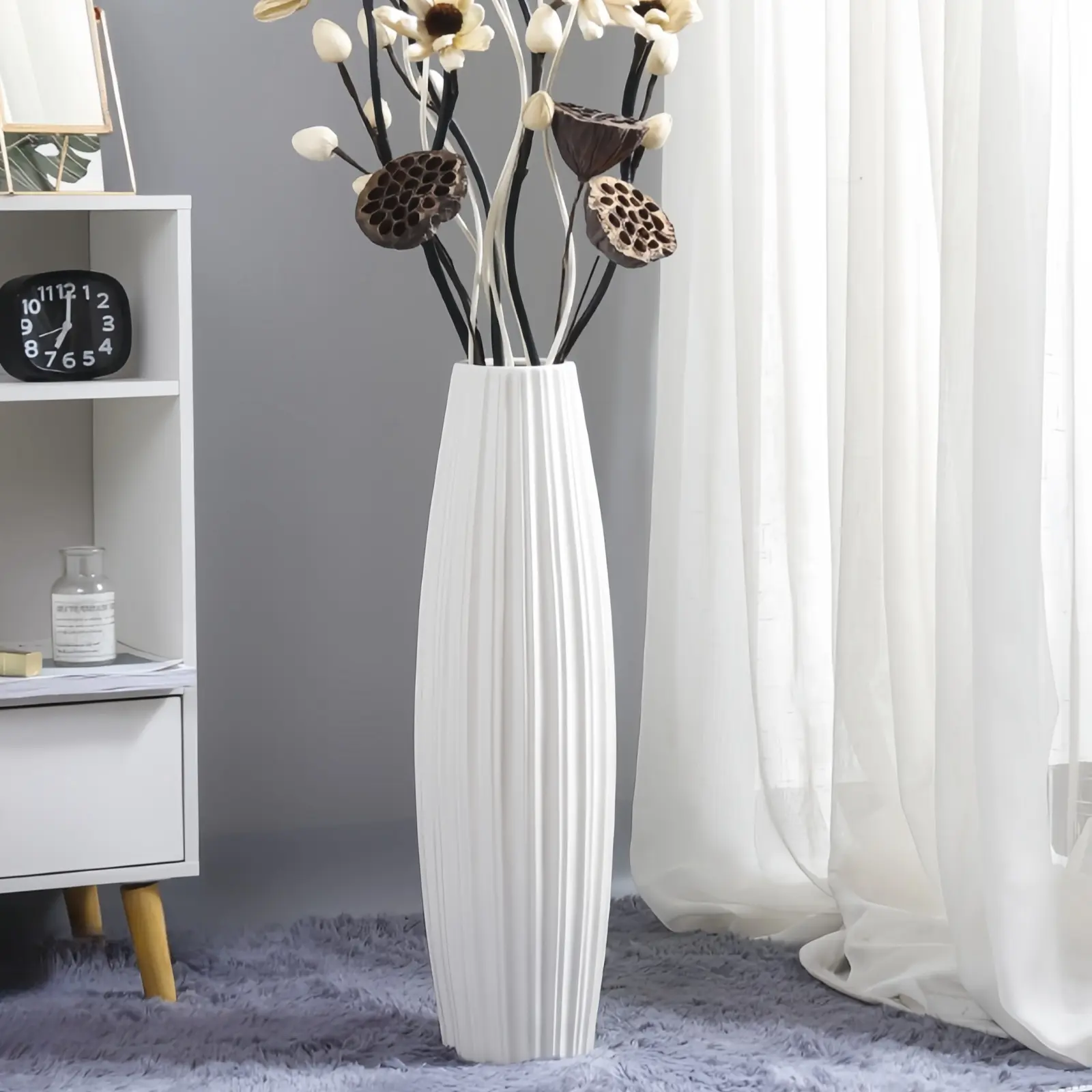 White Ceramic Clay Vase (40-71cm) - Handcrafted Modern Minimalist Pottery, Rustic Multi-Functional Artificial Vase for Pampas Grass, Room Decor in Living Room Entryway Farmhouse Styling with Faux/Dried Florals, Floor Vase