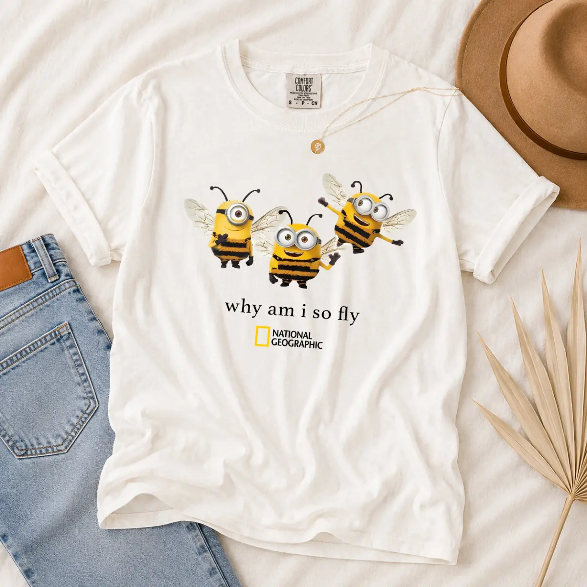 Comfort Colors Mini Bee Shirt, Why Am I So Fly National Geographic Tee, Cute Yellow Minions Graphic T-Shirt, Funny Retro Cartoon White Tee Womenswear