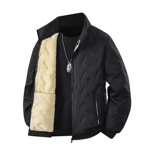Men's Black Warm Sherpa Lined Jacket, Stand Collar Quilted Casual Winter Coat