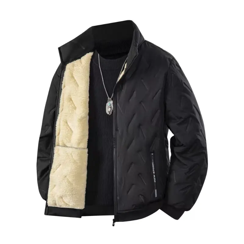 Men's Black Quilted Stand-Collar Jacket - Warm Sherpa-Lined Winter Casual Fashion Coat for Outdoor Wear