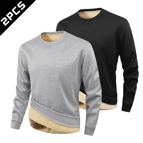 Men's 2-Piece Crew Neck Fleece-Lined Warm Sweatshirt Set - Fitted Cut, Plain Solid Beige, Skin-Friendly Comfort, Long Sleeve, Everyday Casual Menswear Tops