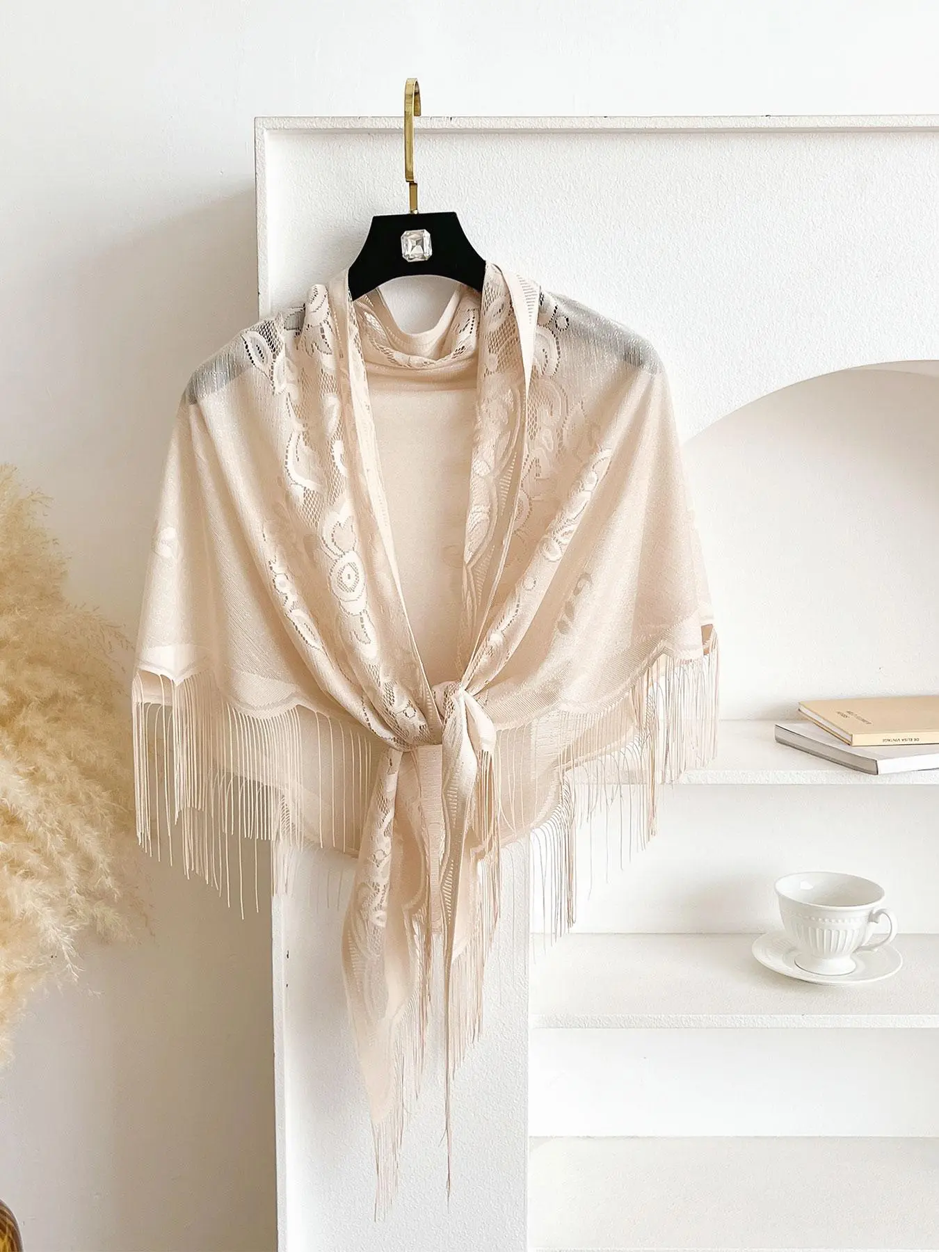 Elegant Women's Lace Hollow Out Shawl Wrap, Multifunctional Breathable Short Long Fringe Scarf, Thin Woven Fabric, All Seasons, Casual Style, Valentine's Day Gift