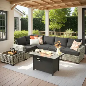 【Summer Vibes】Ovios Patio Furniture Set 7-Piece Outdoor Wicker Rattan Sectional Sofa Set with Cushions, 42'' Fire Pit Table & LED Light Coffee Table, All-Weather Conversation Set for Backyard Garden Deck Patio