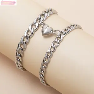 2Pcs Stainless Steel Cuban Chain Couple Bracelets Set, Men's Accessories, Matching Attraction Fashion Jewelry, Gifts for Boyfriend, Valentine's Day Cute Couple Gifts summerwins