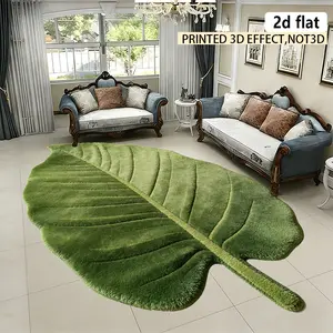 2D flat, irregular carpet/rug with green velvet leaf decoration, machine washable carpet, easy to clean, slip-resistant, fashionable mats and carpets, boho rug, suitable for living room, bedroom, kitchen, laundry room, spring/summer new arrivals