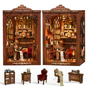 Book Nook Kit, Book Nook Kits for Adults DIY Booknook Model Build, DIY 3D Wooden Puzzle Bookend Booknook Bookshelf Insert Miniature Dollhouse Kit Miniature Furniture for Home Decoration[Twilight Library]