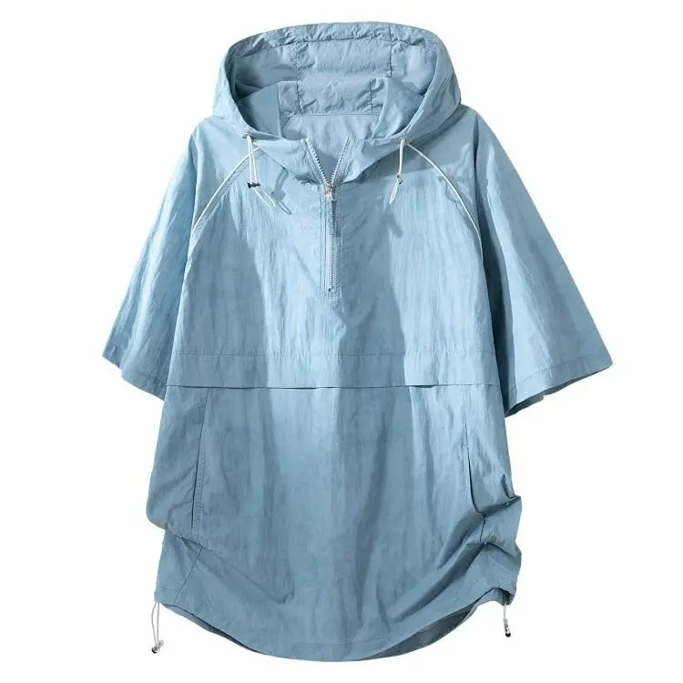 Menswear Stylish Lightweight Ice Silk Short-Sleeve Half-Zip Up Hoodie with Pockets for Casual Summer Wear, Shortsleeve, Top, Foldable, Polyamide, Oversized, Hoodie/Jumper, Plain, Minimalist, Machine Washable