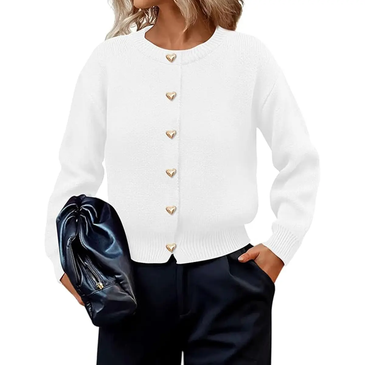 PrettyGarden Womens‘ Crewneck Button Down Fitted Knit Cardigan Sweaters Trendy Long Sleeve Open Front Jacket Fall Clothes Winter Coats,Gold Button-Chic Womenswear