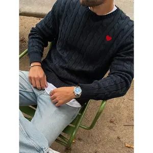 Men's Fall Winter Casual Loose Fit Knit Sweater Pullover, Heart Peach Embroidery, Vintage Style, Long Sleeve, Korean Commuter Fashion