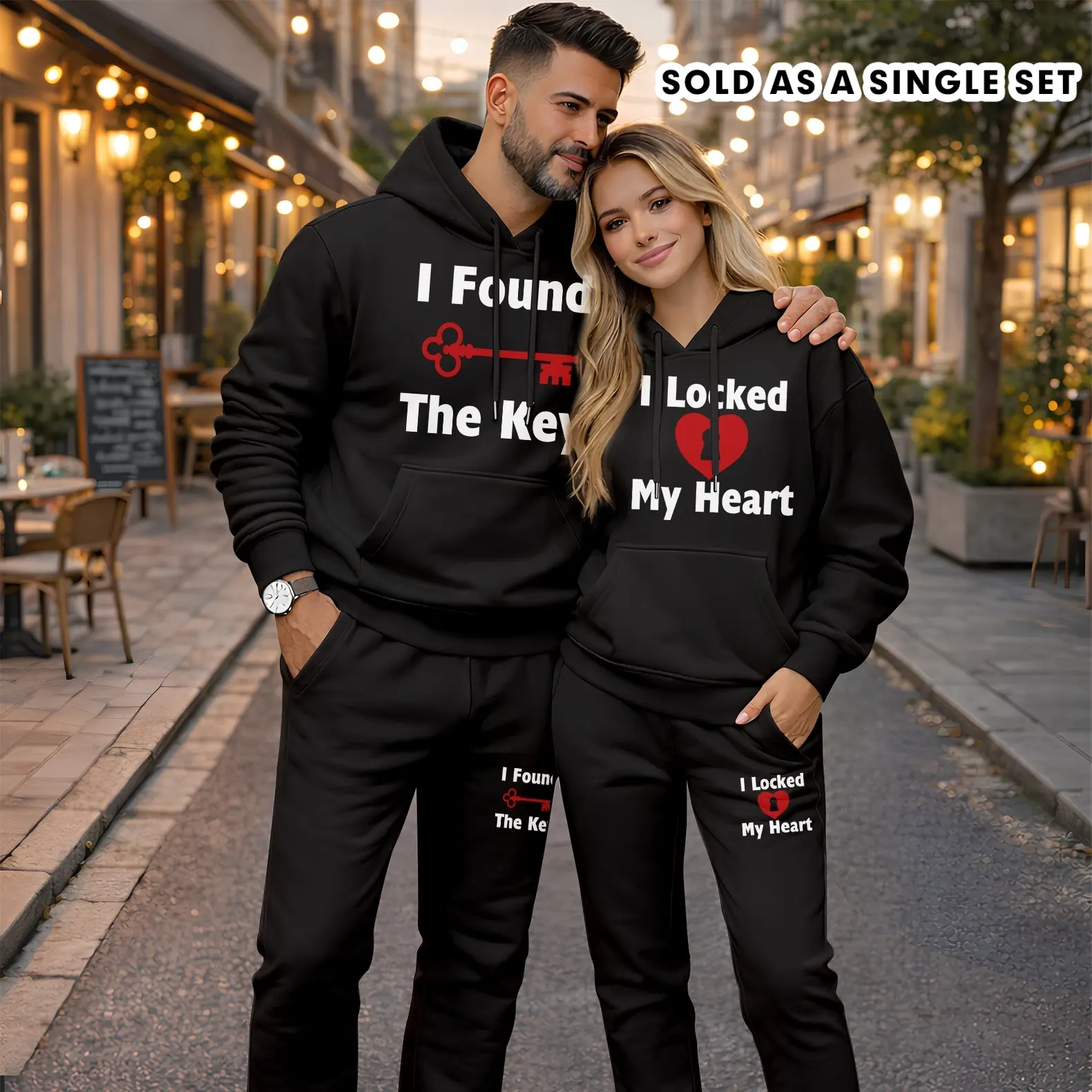 Men's Oversized 2-Piece Baggy Loose Longsleeve Hoodie & Sweatpants Set, Couple Love Key & Heart Print, Minimalist Polyester Drawstring Clothes, Casual Days Easy Style Sportswear for Autumn-Winter Everyday Wear
