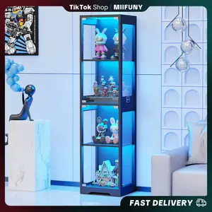 MIIFUNY Display Cabinet with Glass Doors, 4-Tier Display Case with 3 Color Lights for Collectibles, Display Shelves with Human Body Sensor, Black