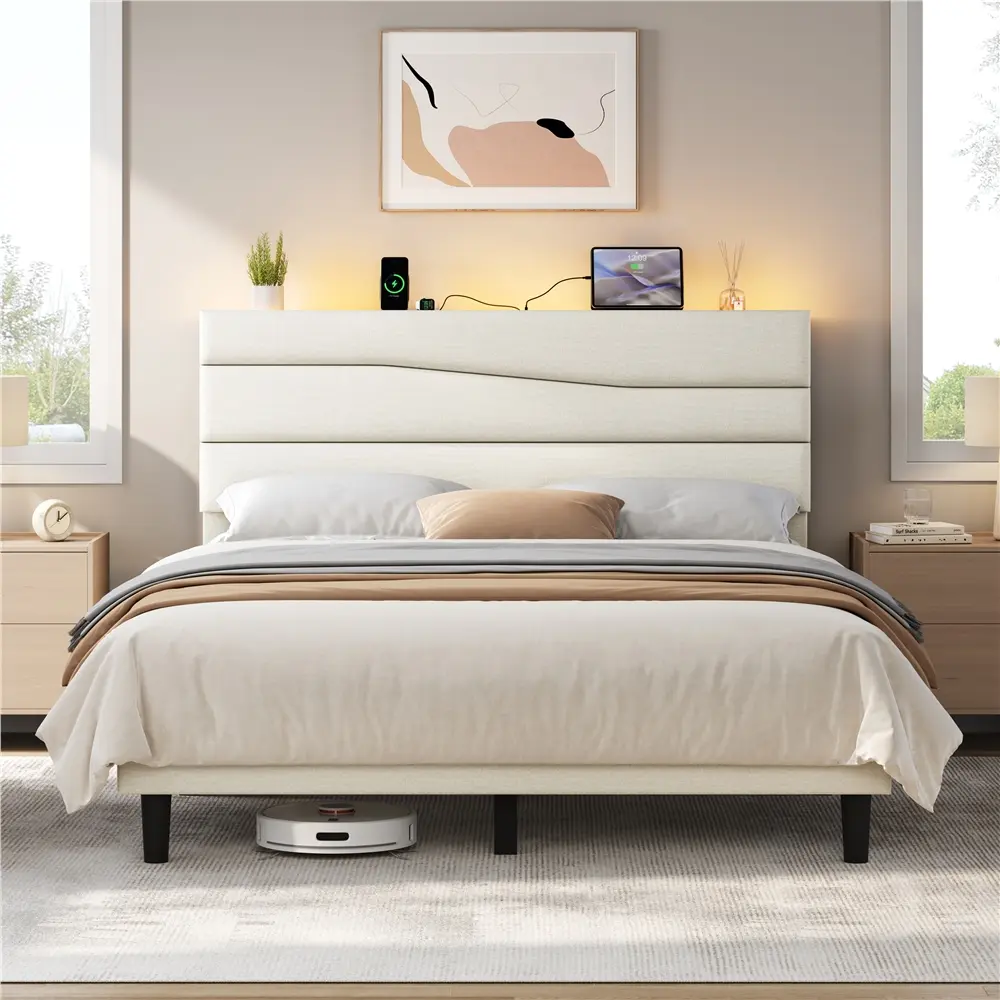 【RGB Lights & Charging】Yaheetech Upholstered Platform Bed Frame - Modern Bedroom Furniture with RGB LED Light, Headboard Shelf, USB Ports, AC Outlets, Bed with Storage (Queen/Full Size) for Bedroom, Apartment