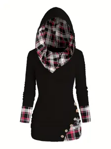 Women's Fall Winter Knit Cardigan Sweater, Twist Knot Plaid Hooded Pullover, Faux Button Wrinkle Shawl Collar, Casual Fashion Tops