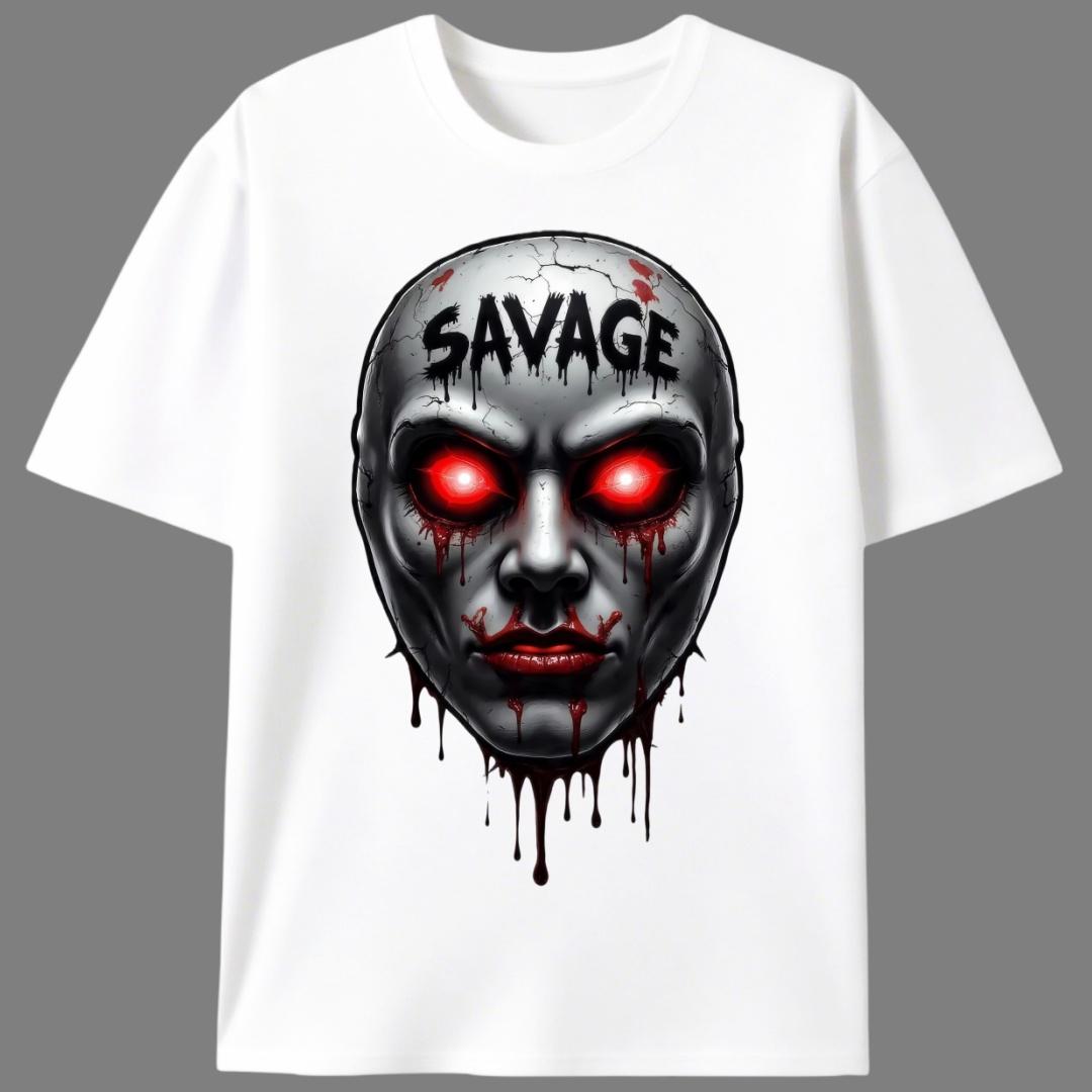 Savage Red Eye Bloody Horror Face T-Shirt, Unisex Hardcore Streetwear Graphic Tee, Spooky Halloween Horror Casual Shirt