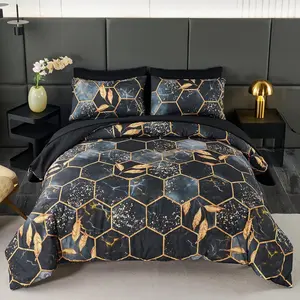 Geometric Black Queen Comforter Set, 7 Pieces Foil Print Decor Gold Trim Bed in A Bag, Soft Lightweight Duvet Insert for All Season (Black Queen)