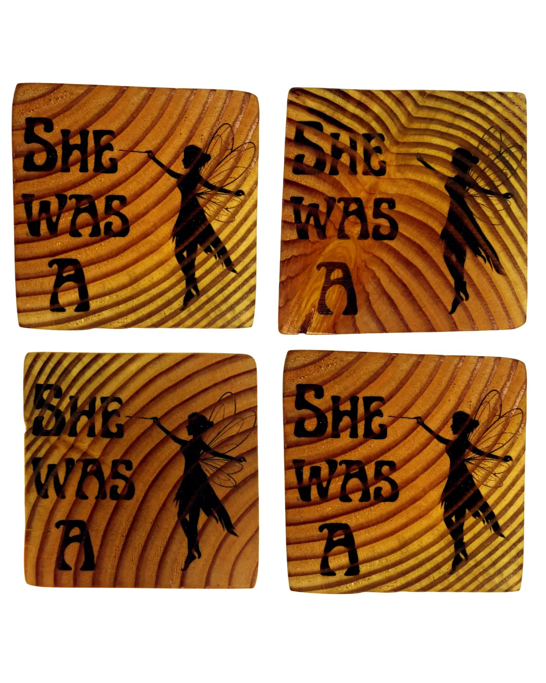 Fairy Handcrafted Engraved Wooden Coasters "She Was A" Silhouette Set of 4 Coasters BPA Free Decorative Drink Coasters