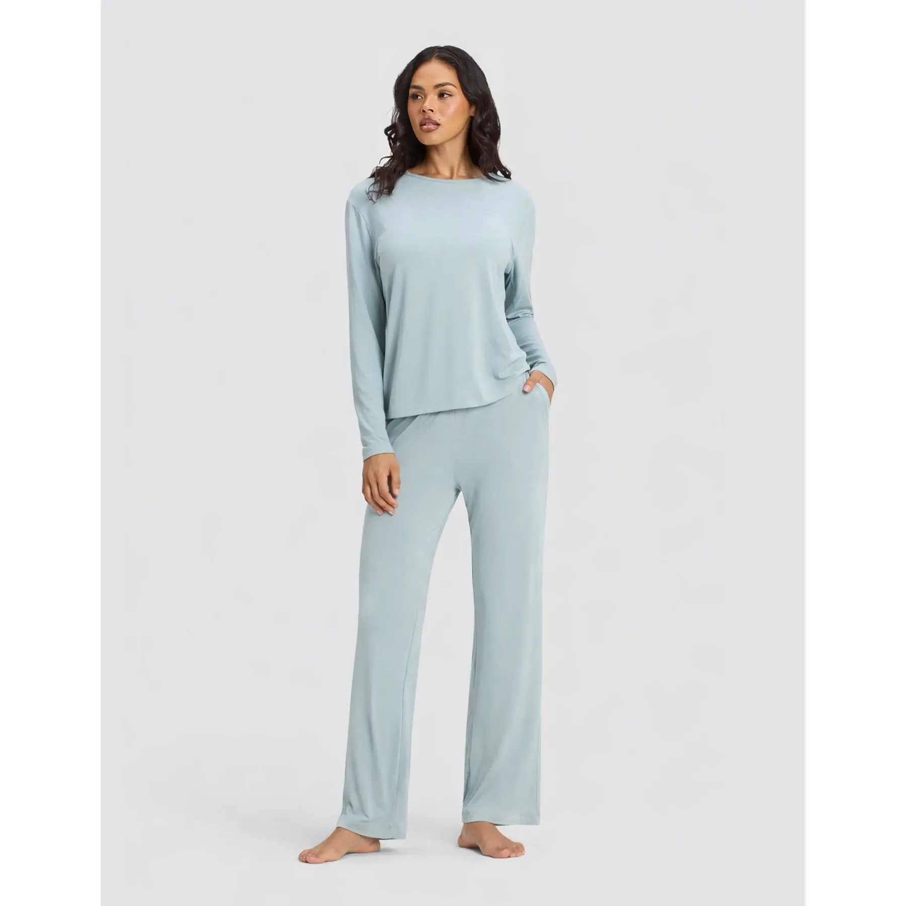 Women's Bamboo Stretch-Knit Long Sleeve Lounge Tee & Pant Set Fabric Lightweight