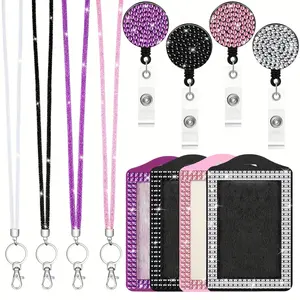 Rhinestone Decorated Lanyard Card Holder Set, 1 Set Including Lanyard & Card Holder & Keychain, Identification Badges & Supplies for Office