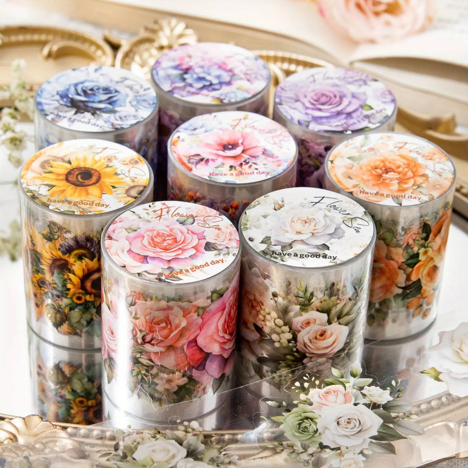 8 Rolls Floral Tape Set Flower PET Tape Stickers Sunflower Rose Hydrangea Butterfly Decorative Masking Tape Vintage Washi Tapes Pet Tape Decorative Tape Scrapbook Supplies Halloween Christmas Gift