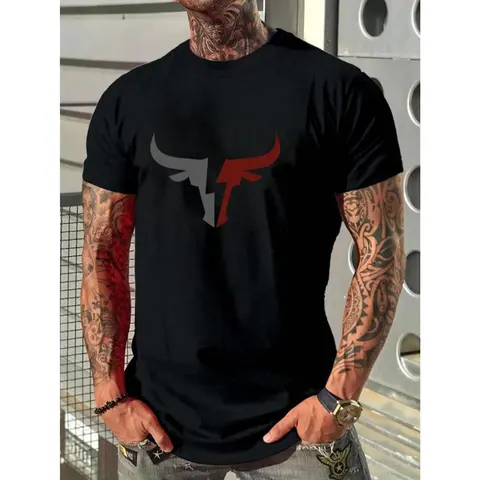 Men's Classic Cotton Bull Digital Print Short-Sleeve Crew Neck T-Shirt - Regular Fit Menswear, Chic Cute Male Clothing, Soft Basic Top for Summer All Seasons Casual Streetwear Daily Wear