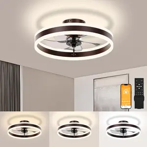 Fandelier Ceiling Fans with Lights and Remote, 15.7in Low Profile Ceiling Fan Flush Mount, 3000K-6500K Dimmable Bladeless LED Fan Light, Brown Modern Ceiling Fans with Lights for Bedroom