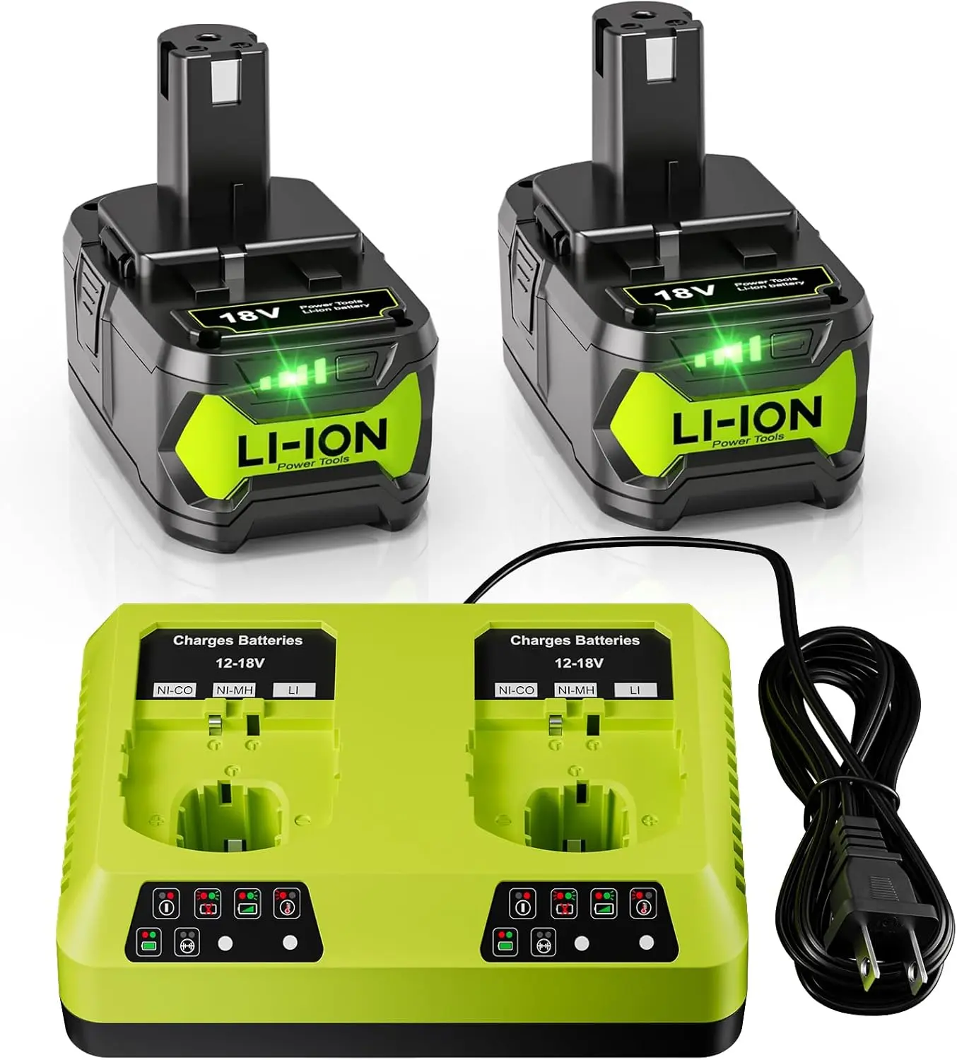 2Pack 8000mAh Replacement Battery for Ryobi 18V ONE+ Tools with Charger, 18V Lithium Ion Batteries and Charger Combo Compatible with Ryobi P107 P108 P102 P103 P105 P109 P117 P118