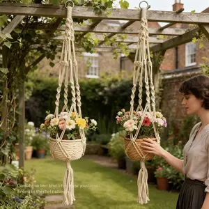 A set of two Bohemian style hanging baskets, rope material, handmade, with irregular design, suitable for indoor and outdoor flower pots, is the perfect choice for home decoration, Garden pot