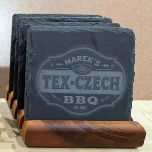 Set of 4 Personalized UV Laser Engraved Slate Coasters with Handmade Tiger Wood Holder Matte Finish Durable Rustic Tableware