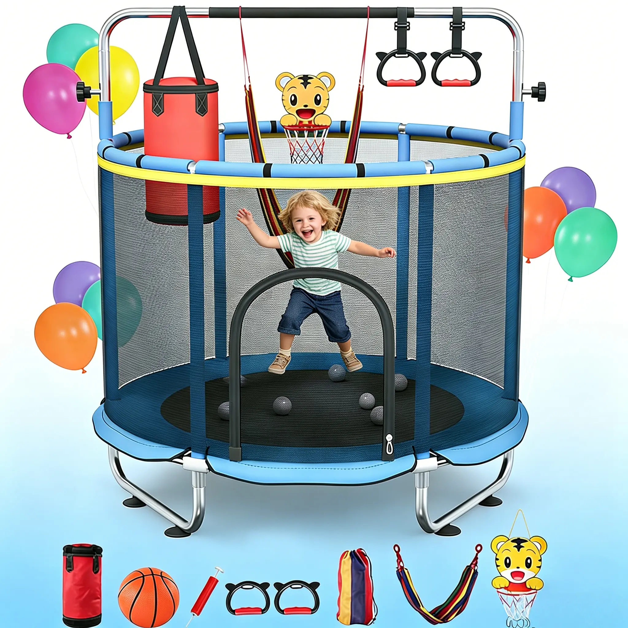60 Inch Kids Trampoline with Safety Net Enclosure, Heavy Duty Round Bouncer for Toddlers, Unisex Multi-Activity Sports Toy with Swing, Gym Bar & Basketball Hoop, 500lbs Capacity for Indoor Outdoor Play, Kids Toys, Heavy Duty Trampoline, Round Shape