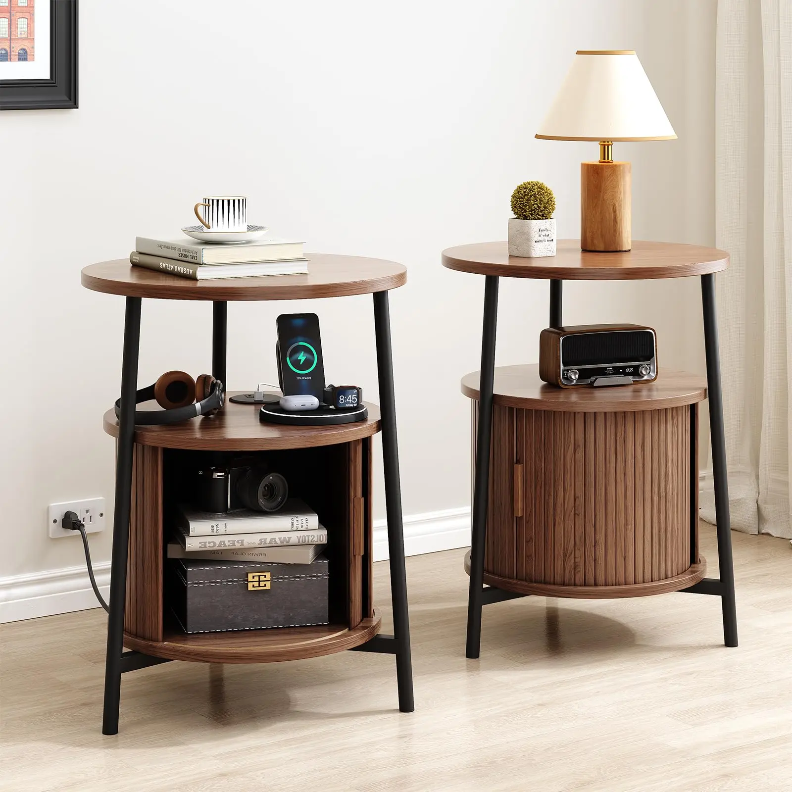【BackToSchool】ONBRILL Round Side Table with Storage, Fluted Nightstand with Charging Station, Small Mid-Century Modern Bedside Tables, Walnut End Tables for Small Space Living Room Bedroom Sofa Couch