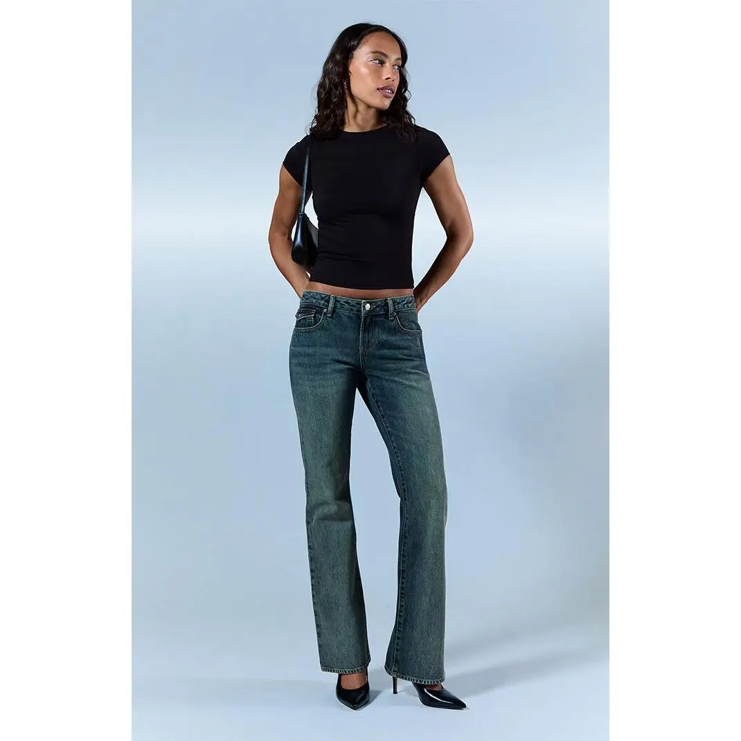 Pacsun Women's Jade Low Rise Bootcut Jeans Button Pocket Dark Blue