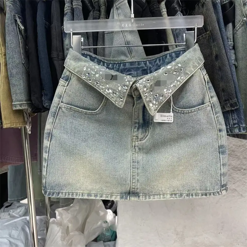 Retro Lapel Diamond Encrusted Ort Skirt Asymmetric Casual Sle Girls Mid Waist Design Embellied Skirt with Button Closure