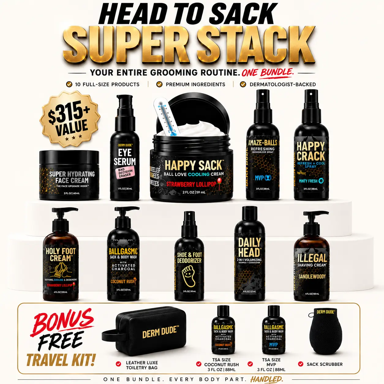 Derm Dude Head To Sack Super Stack - Men's All-In-1 Skincare & Grooming Kit for Face, Hair, Body, Ft + Free 4-PC Travel Set Bonus