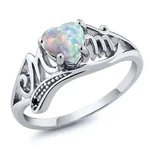 Women's Vintage Ring - Egg-Shaped Stone Heart, Engraved "MOM" Phrase, Initial Engraving & Letter Accent Heart-Shaped Pendant Jewelry, Vintage Rings, Engraved Phrase Rings