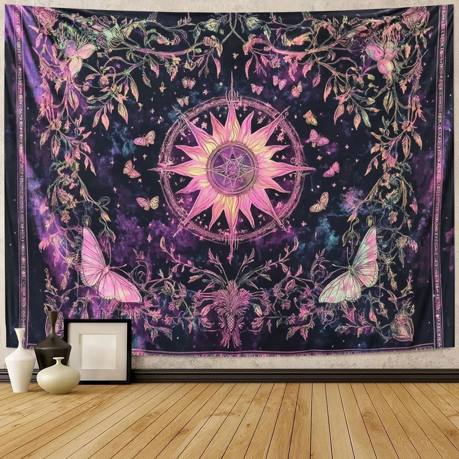 Vintage Sun Moon Woven Fabric Tapestry Wall Hanging - Bohemian Style Purple-Pink Butterfly Girly Bedroom Decor, Tapestry Wall Mural for People's Decor Inspo Accessory