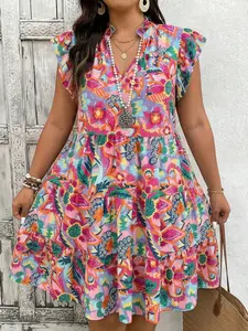 Plus Size Boho Tropical Print Summer Dress, Deep V Neck, Loose-Fitting, Knee Length, Casual Daily Wear, Women's Fashion